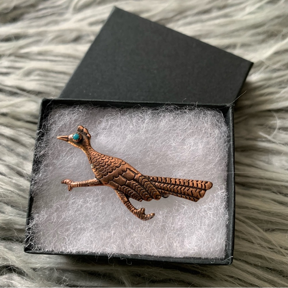 Vintage Roadrunner Bird Pin Brooch Solid Copper Turquoise Eye